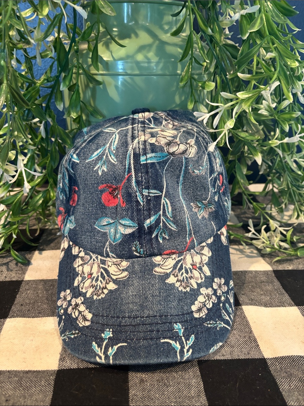 Floral Denim Baseball Cap - Blue with Red & Cream Accents
